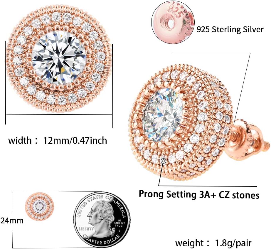 18K Gold White Gold Plated 12mm Round Hypoallergenic Cubic Zirconia Stud Earrings for Women Girls Hypoallergenic Jewelry Gift (Rose Gold)