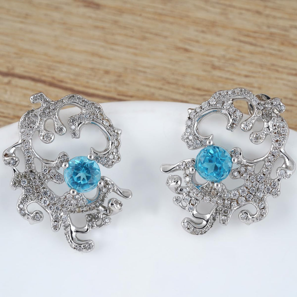 Ocean Wave Stud Earrings for Women, 925 Sterling Silver Earrings with Blue Topaz & Cubic Zirconia, Hypoallergenic Coastal Jewelry, Gift for Her