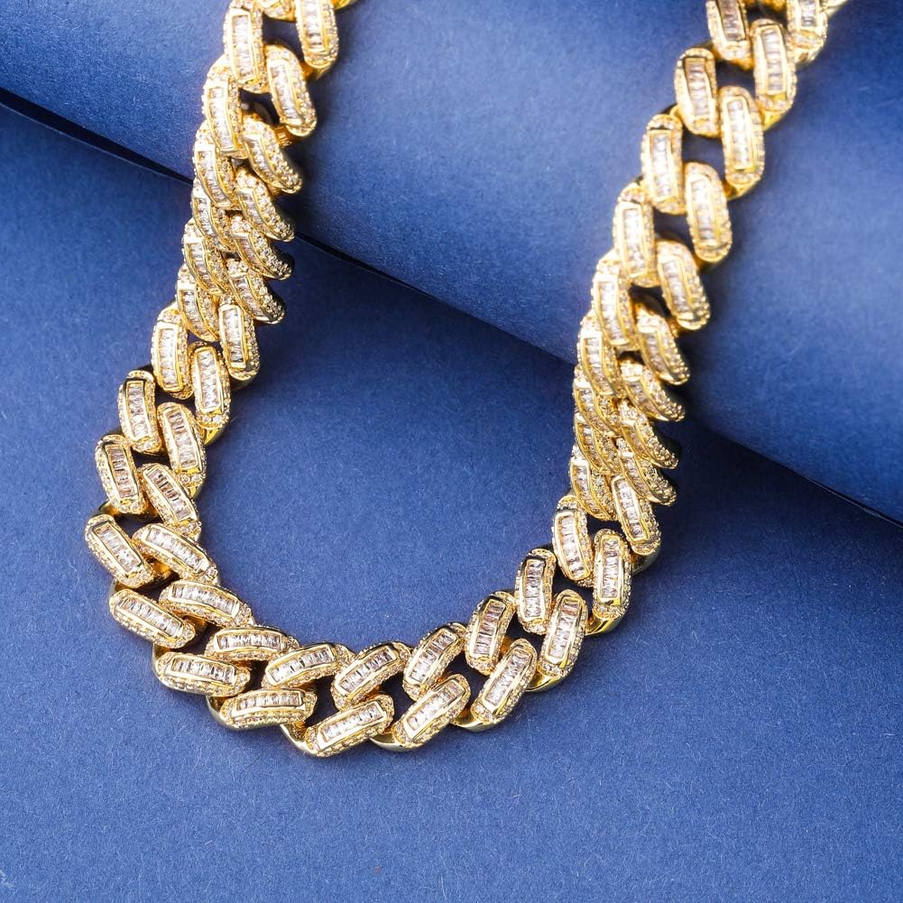 YOSZO Hip Hop 14MM Cuban Link Chain 6 Times 14k Gold Plated Iced Out Bling Round Carre Baguette Cut CZ with Prong Setting Simulated Diamond Chain Necklace for Men