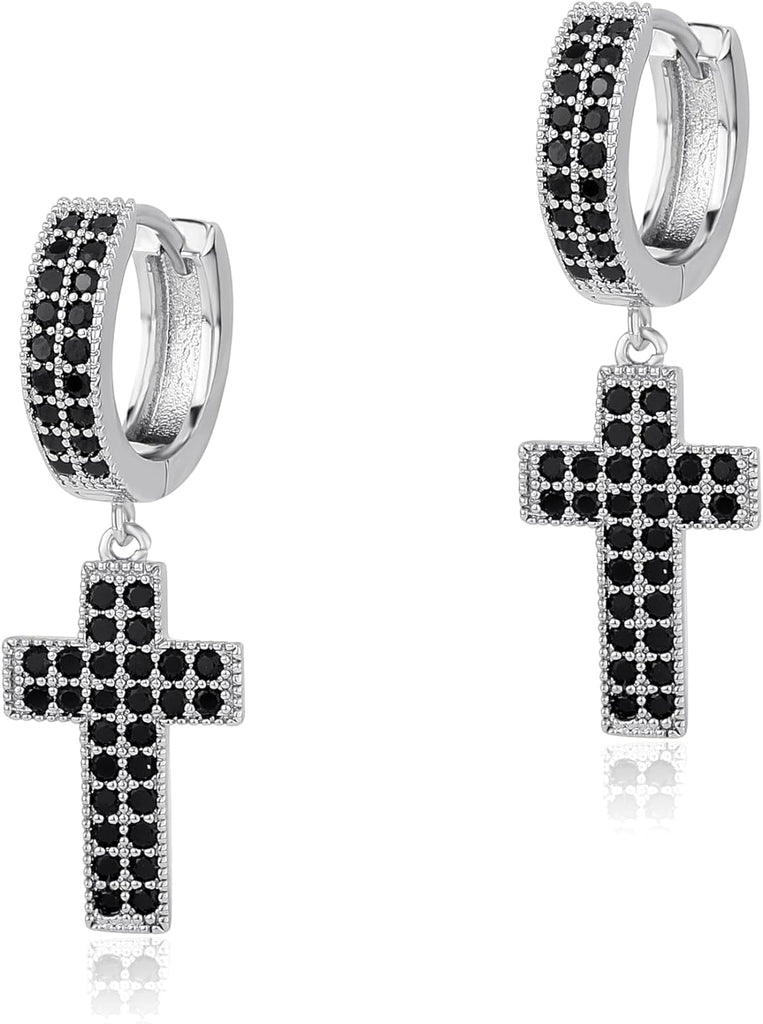 YOSZO Cross Hoop Dangle Earrings 925 Sterling Silver 5A+ Cubic Zirconia 14K Gold Hypoallergenic Cross Hoop Cuff Huggie Drop Earrings For Men Women