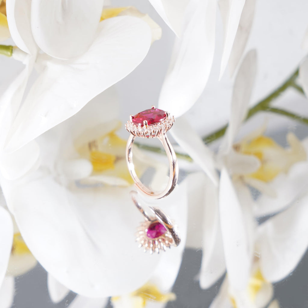 Red Ruby Adjustable Ring for Women, 14K Rose Gold Plated 925 Sterling Silver Ring with Gemstone & Zirconia Halo, Promise Ring for Her