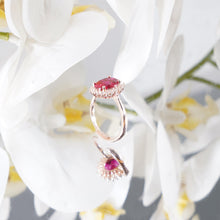 Load image into Gallery viewer, Red Ruby Adjustable Ring for Women, 14K Rose Gold Plated 925 Sterling Silver Ring with Gemstone &amp; Zirconia Halo, Promise Ring for Her