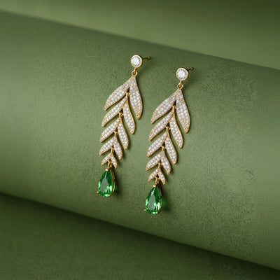 Tropical Leaf Drop Earrings for Women, 14K Gold Plated 925 Sterling Silver Dangling Earrings, Leaf Design with Green Zirconia, Luxury Nature Inspired Jewelry Gift