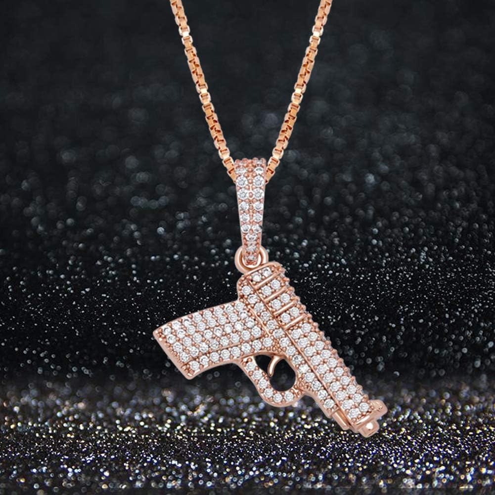 YOSZO 925 Sterling Silver Dainty Rifle Hand Gun Desert Eagle Pendant 14K Gold Plated Fully Iced Out Cubic Zirconia Necklace Gift for Men Women