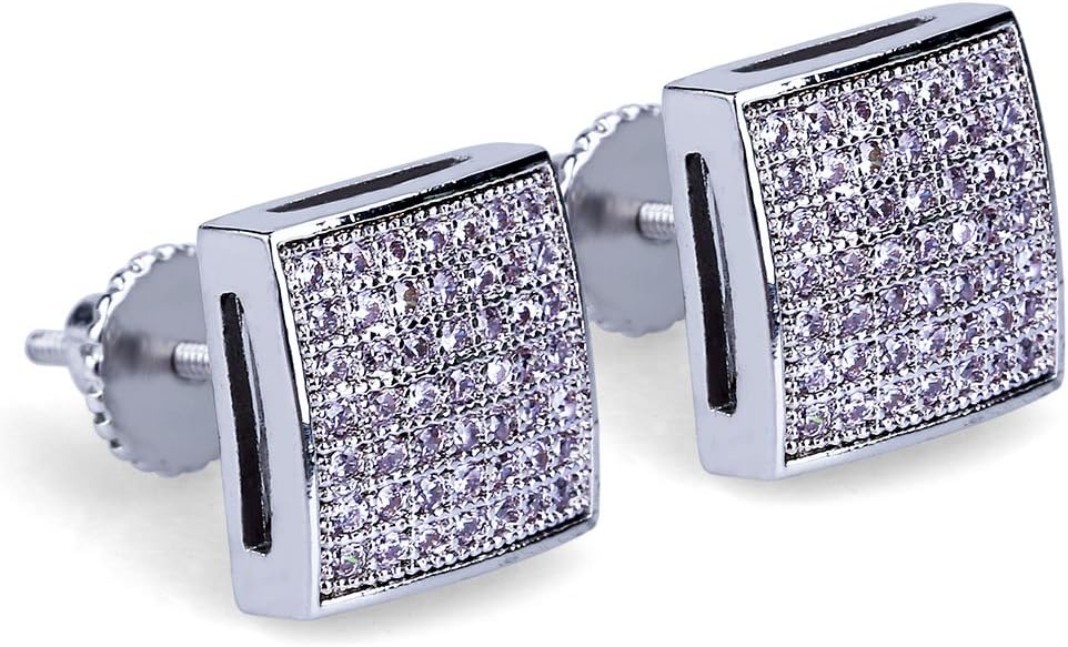 YOSZO 925 Sterling Silver Square Screw Stud Earrings 14K Gold 5A+ Cubic Zirconia Iced Out Square Screw Back Hypoallergenic Cube Large Stud Earrings For Men Women