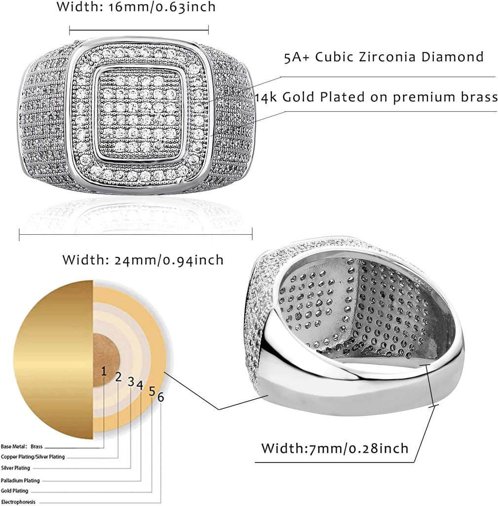 YOSZO Men Ring 14K Gold Plated Cluster Iced Out Lab Simulated Diamond Band Micropave Bling Wedding Pinky Ring for Women