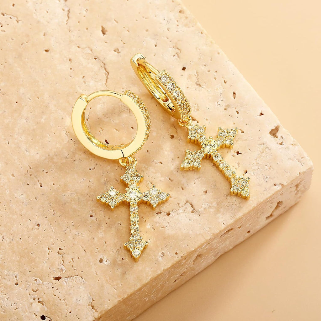 YOSZO Cross Hoop Dangle Earrings 14K Black Silver 5A+ Cubic Zirconia Cartilage Hypoallergenic Sterling Silver Cross Dangle Drop Earrings For Men Women-Yellow Gold