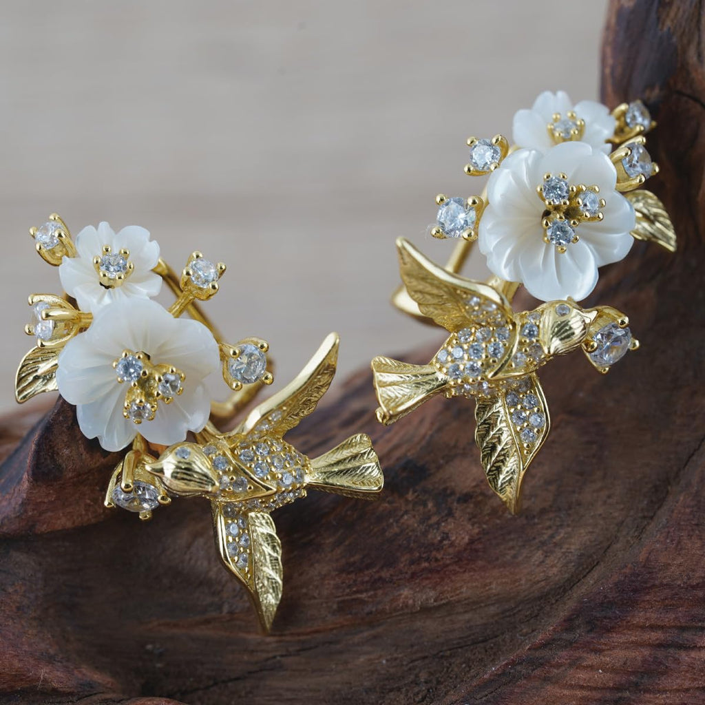 Tropical Rainforest Stud Earrings for Women, 14K Gold Plated S925 Silver Flying Bird & Floral Zircon Earrings, Hypoallergenic Resort Wedding Jewelry Gift