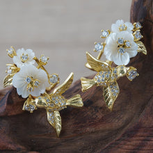 Load image into Gallery viewer, Tropical Rainforest Stud Earrings for Women, 14K Gold Plated S925 Silver Flying Bird &amp; Floral Zircon Earrings, Hypoallergenic Resort Wedding Jewelry Gift