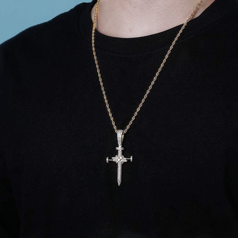 YOSZO Hip Hop Iced Out CZ Nail Cross Necklace 18K Gold Plated Simulated Diamond Pendant for Men