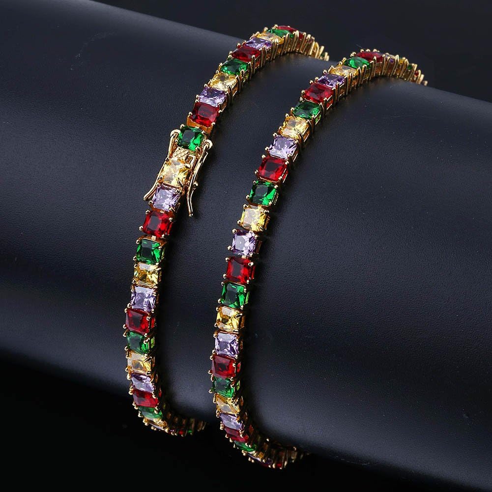 YOSZO 1 Row 4MM Gold Silver Plated Diamond Iced Out Chain Macro Pave Rainbow Square CZ Hip Hop Tennis Necklace and Bracelet