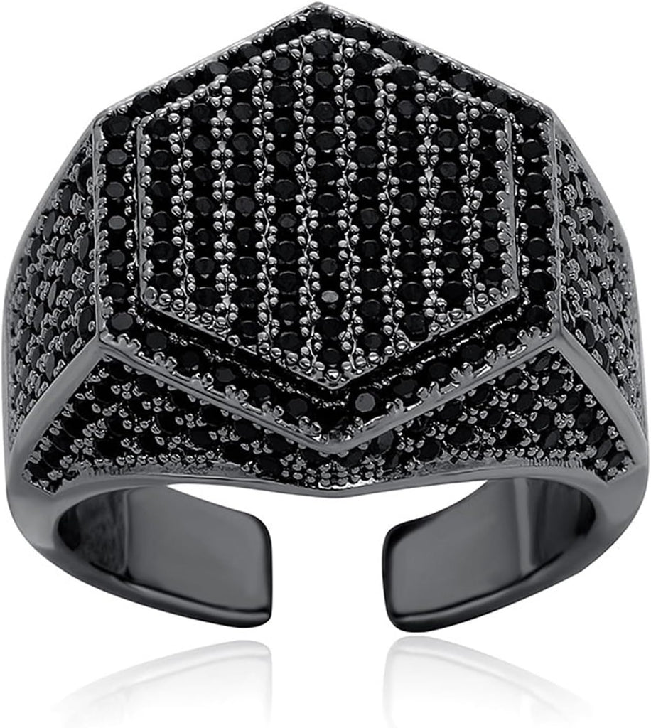 YOSZO Men Ring Black Pinky Hexagon Ring for Men Women Iced Out Cubic Zirconia Cluster Diamond Wedding Band Ring Hip Hop Jewelry (Size 8)