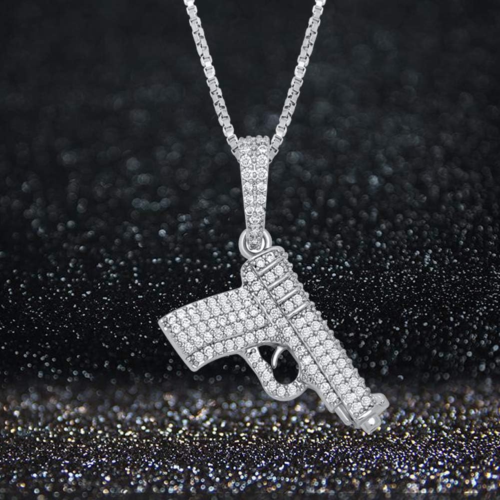 YOSZO 925 Sterling Silver Dainty Rifle Hand Gun Desert Eagle Pendant 14K Gold Plated Fully Iced Out Cubic Zirconia Necklace Gift for Men Women