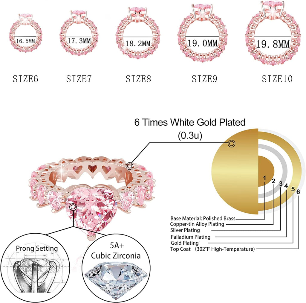 YOSZO Pink Heart Baguette Rings 14K Gold Silver Plated 5A+ Cubic Zirconia Iced Out Bling Promise Wedding Band Love Rings For Women Fashion