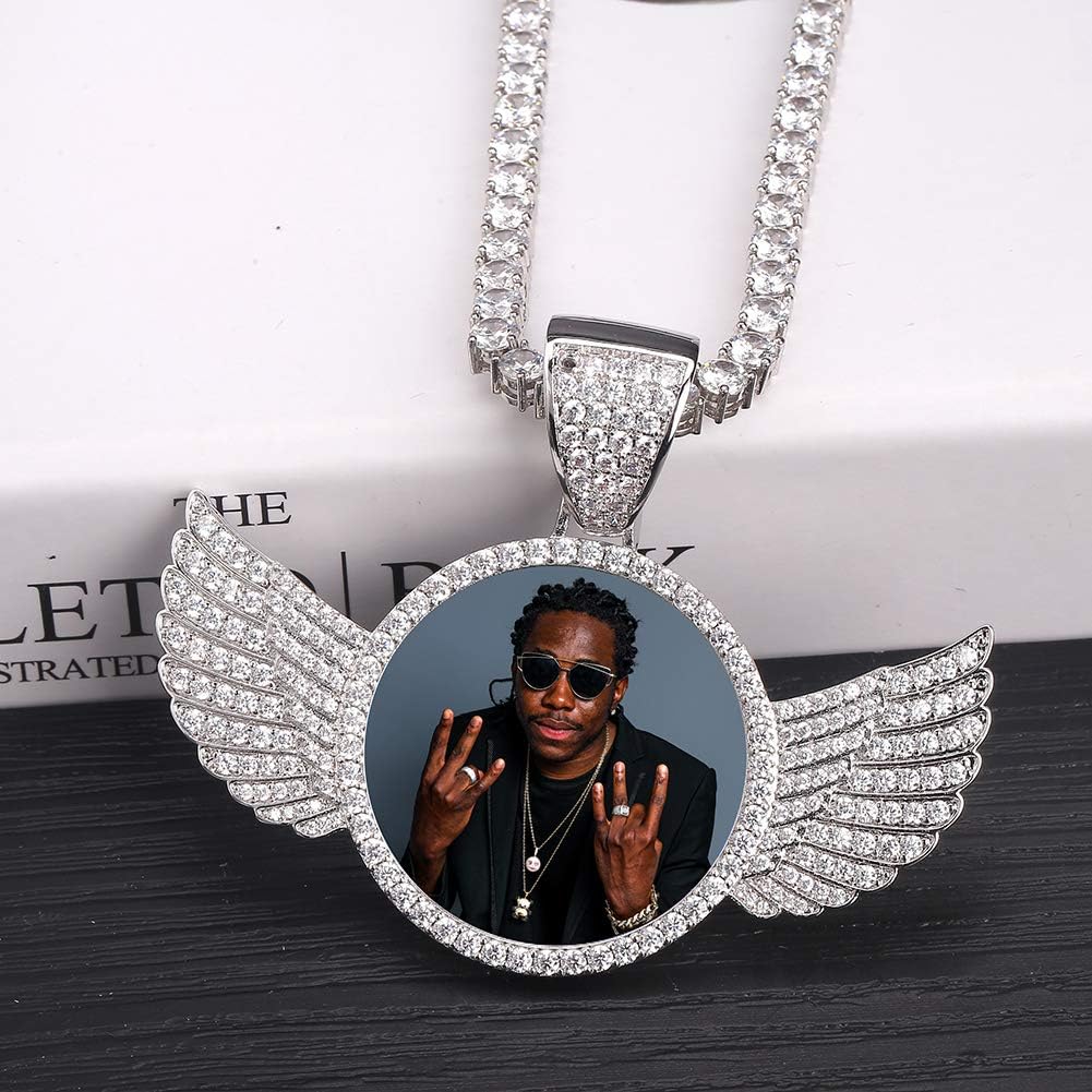 YOSZO Picture Necklace Personalized Photo Pendant for Men Women Iced Out Angel Wings Heart Custom Necklace with Tennis Chain