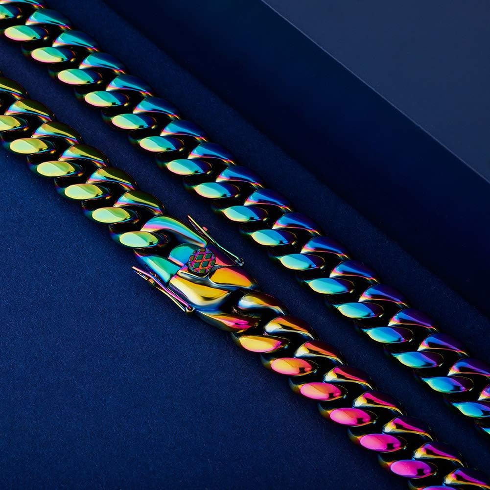 YOSZO Colorful Cuban Link Necklace 10,14mm Stainless Steel Solid Rainbow Gold Silver Hip Hop Miami Cuban Chunky Thick Chain Necklace For Men Women