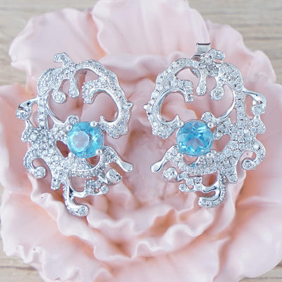 Ocean Wave Stud Earrings for Women, 925 Sterling Silver Earrings with Blue Topaz & Cubic Zirconia, Hypoallergenic Coastal Jewelry, Gift for Her