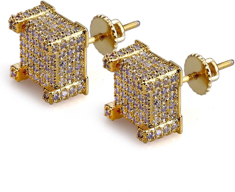 YOSZO 925 Sterling Silver Square Screw Stud Earrings 14K Gold 5A+ Cubic Zirconia Iced Out Square Screw Back Hypoallergenic Cube Large Stud Earrings For Men Women