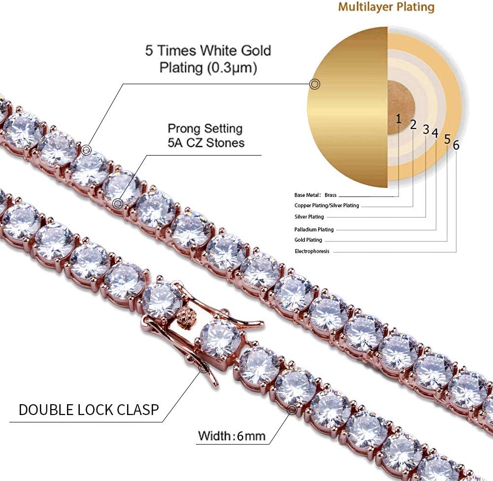 YOSZO 6MM Tennis Chain Necklace 18k Gold Plated 1 Row Lab Simulated Diamond Iced Out Cubic Zirconia Chain Men's Hip hop Tennis Choker Necklace Chain for men women