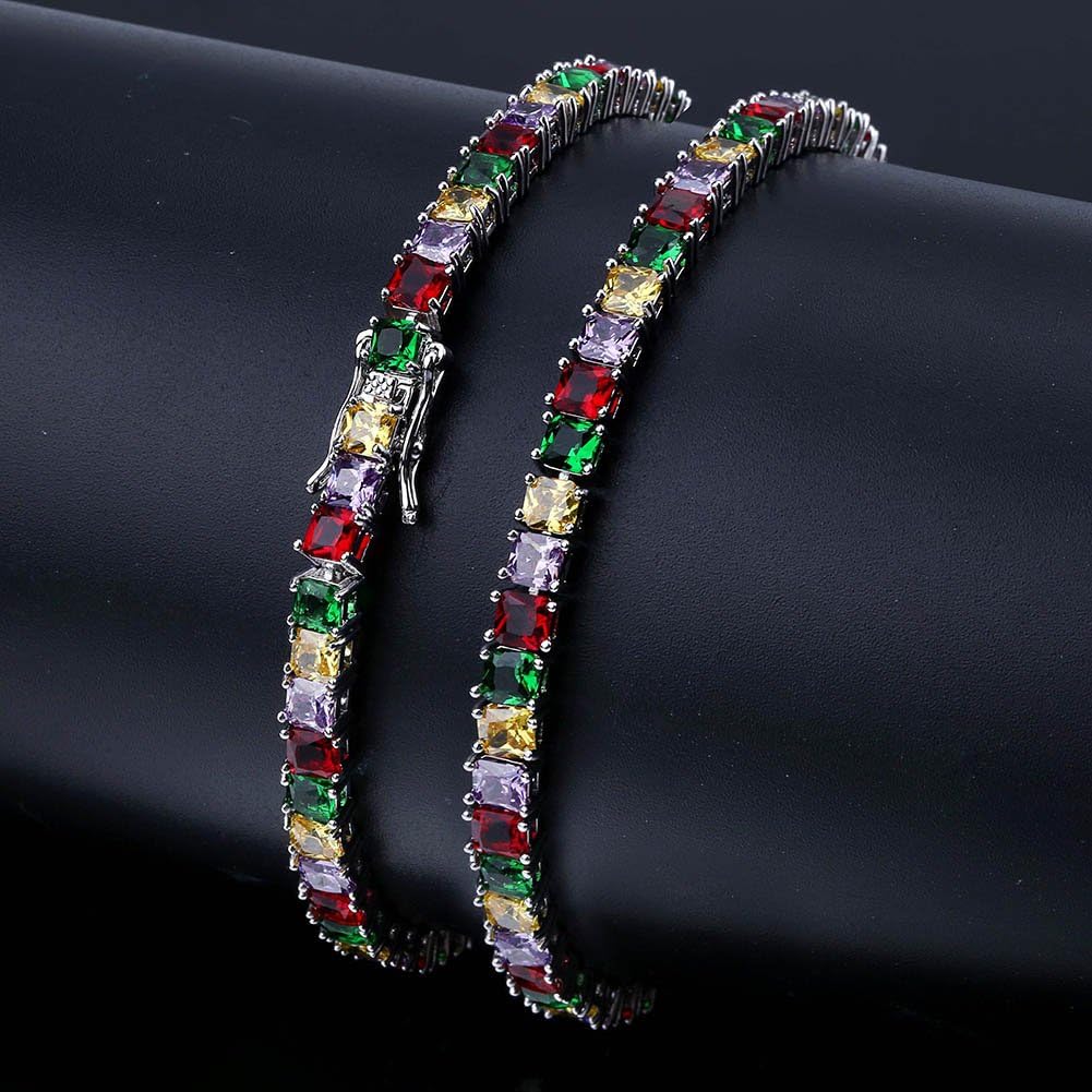 YOSZO 1 Row 4MM Gold Silver Plated Diamond Iced Out Chain Macro Pave Rainbow Square CZ Hip Hop Tennis Necklace and Bracelet