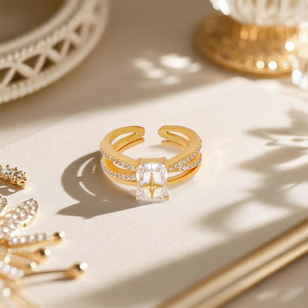 Glimmer Open Ring for Women, 14K Gold Plated 925 Sterling Silver, Square Cubic Zirconia with Star Engraving, Adjustable Self-Love Jewelry, Empowering Gift for Her