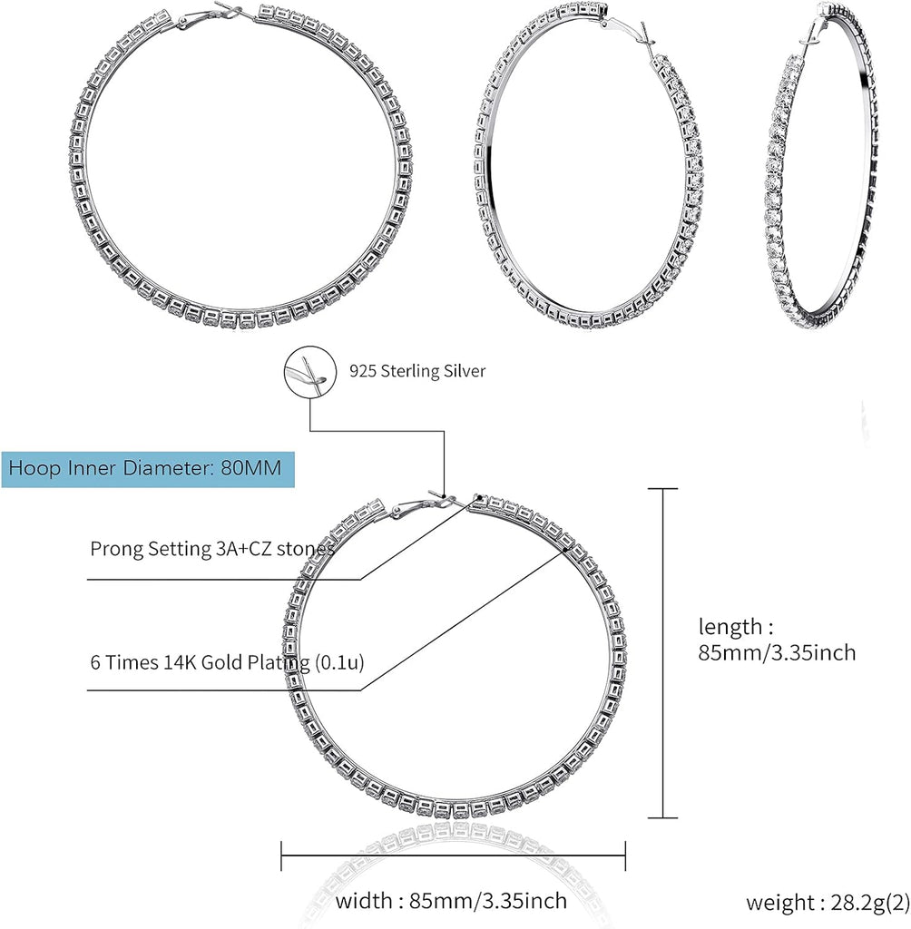 YOSZO Big Large Iced Out Hoop Cuff Circle Earrings Gold or Rhodium Plated Cubic Zirconia Inlaid Hypoallergenic Tennis Earrings For Women-Silver 8CM
