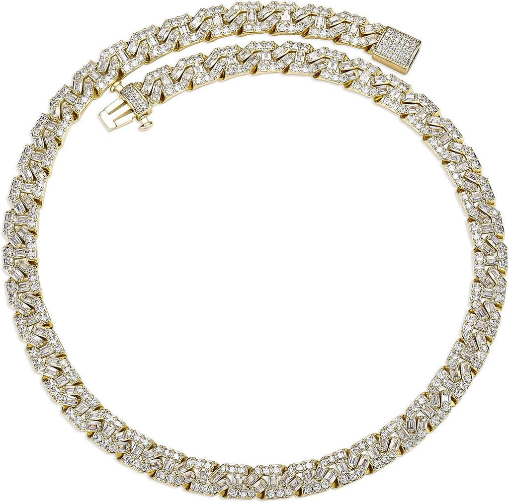 YOSZO Cuban Link Chain for Men Gold Jewelry Silver Baguette Diamond Miami Choker Necklace for Women 9mm Iced out 14K Gold Plated Gifts for Women