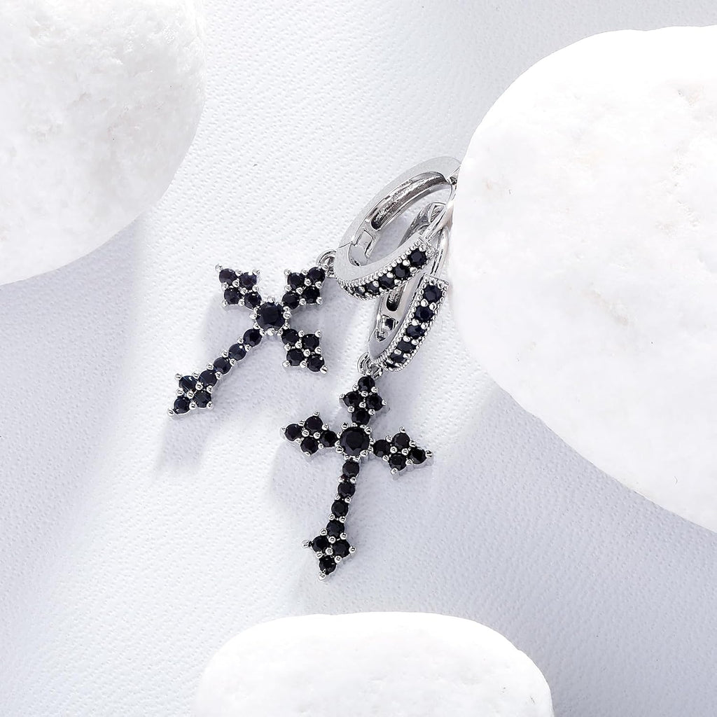 YOSZO Black Cross Hoop Dangle Earrings 14K Silver 5A+ Black Cubic Zirconia Cartilage Sterling Silver Cross Dangle Drop Earrings For Men Women Hypoallergenic