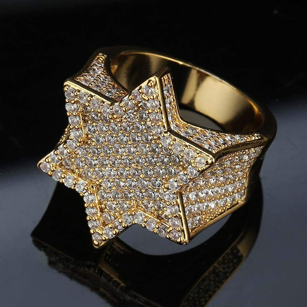 YOSZO Gold Ring Star Men Diamond Ring Iced out Cuic Zirconia 14K Gold Silver Plated Punk Band Hexagram Gold Jewelry 7-11