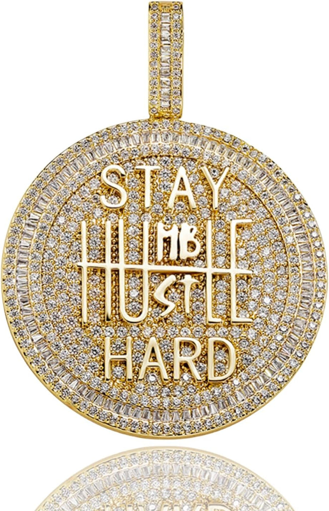 YOSZO 14K Gold Plated Stay Humble & Hustle Hard Encourage Pendant Necklace, Iced Out CZ Diamond Hip Hop Charm Jewelry for Men Women