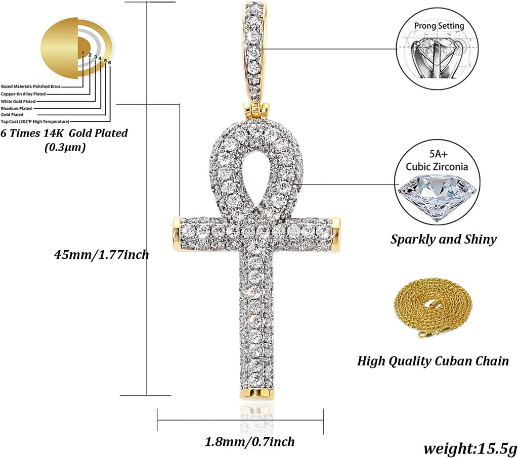 YOSZO Ankh Cross Pendant 18K Gold Plated Fully Iced Out CZ Egyptian Ankh Religious Chain Necklace for Men Women