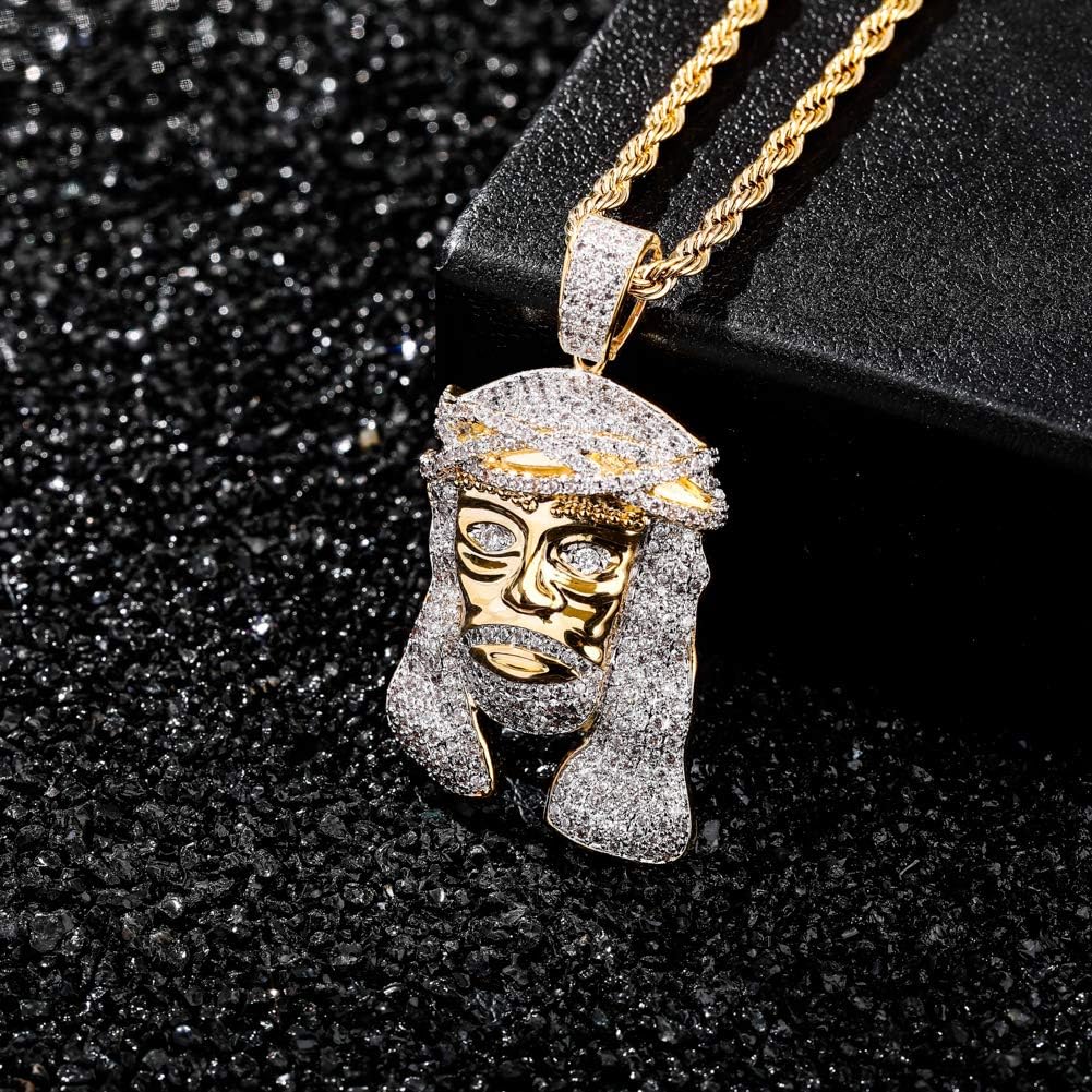 YOSZO Jesus Pendant Necklace Rope Gold Chain for Men Iced out 14K Gold Plated Simulated Diamond Chain Stainless Steel Chain 24 inch