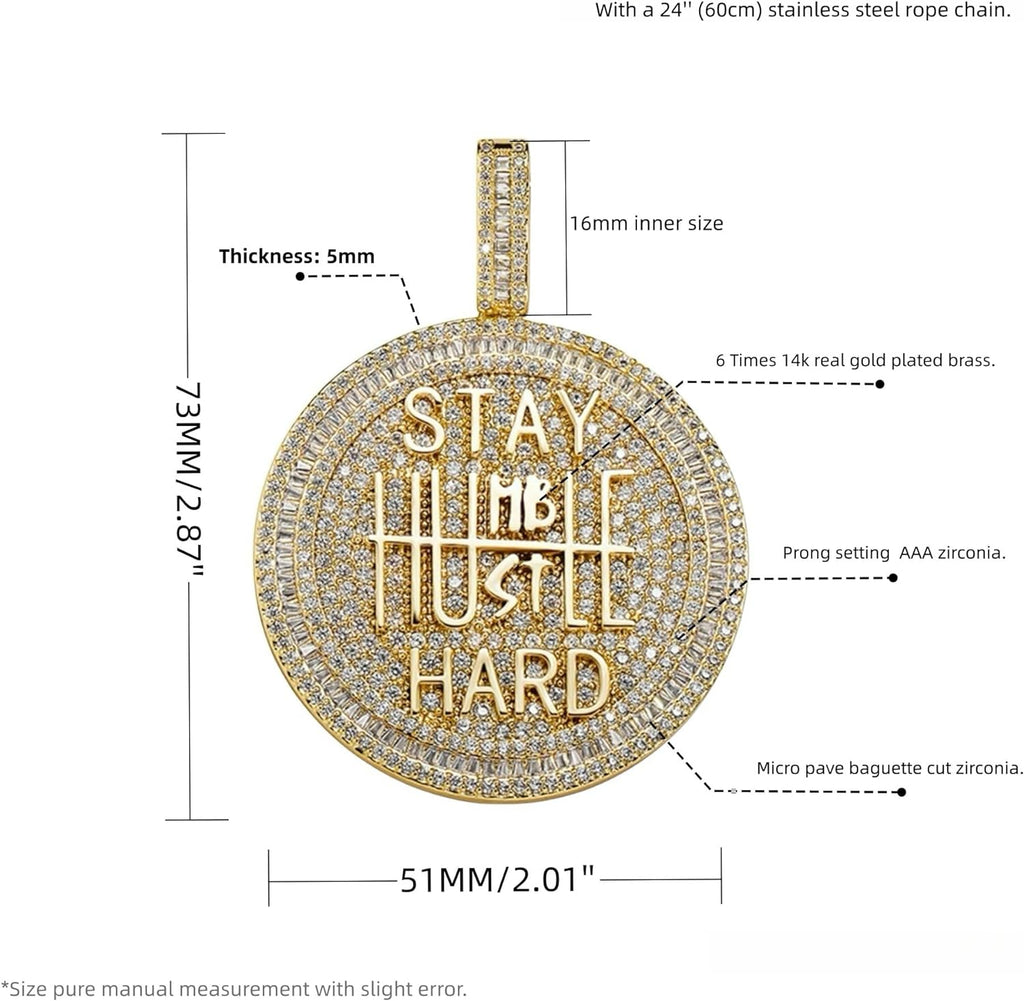 YOSZO 14K Gold Plated Stay Humble & Hustle Hard Encourage Pendant Necklace, Iced Out CZ Diamond Hip Hop Charm Jewelry for Men Women