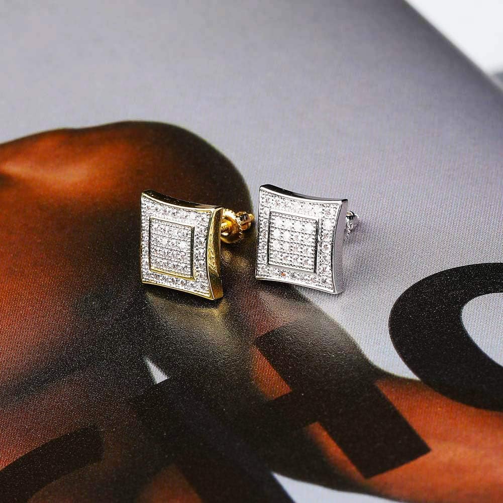 YOSZO 925 Sterling Silver Square Screw Stud Earrings 14K Gold 5A+ Cubic Zirconia Iced Out Square Screw Back Hypoallergenic Cube Large Stud Earrings For Men Women
