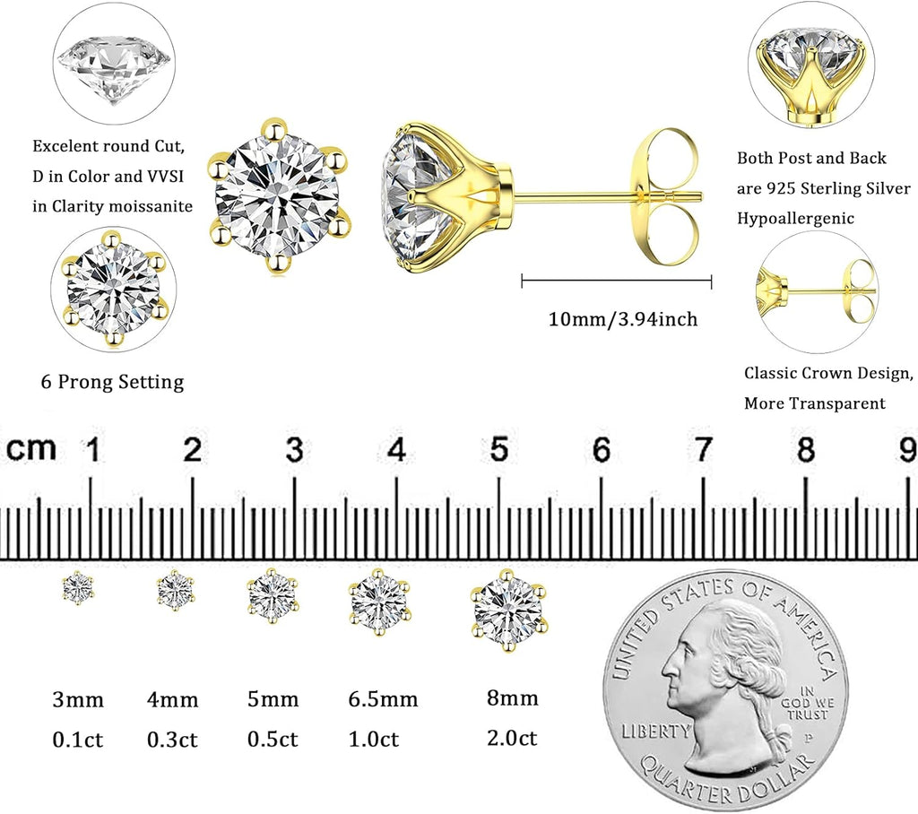 YOSZO Moissanite Stud Earrings 0.2-4.0 Carat Round Brilliant Cut Moissanite Sterling Silver Earrings Set for Women and Men Include Gift Box