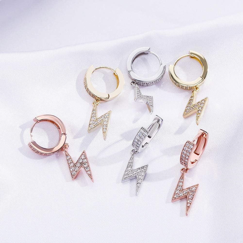 YOSZO Lightning Bolt Dangle Earrings 14K Gold 5A+ Cubic Zirconia Hanging Hoop Lightning Drop Cool Dangling Earrings For Men Women Trendy