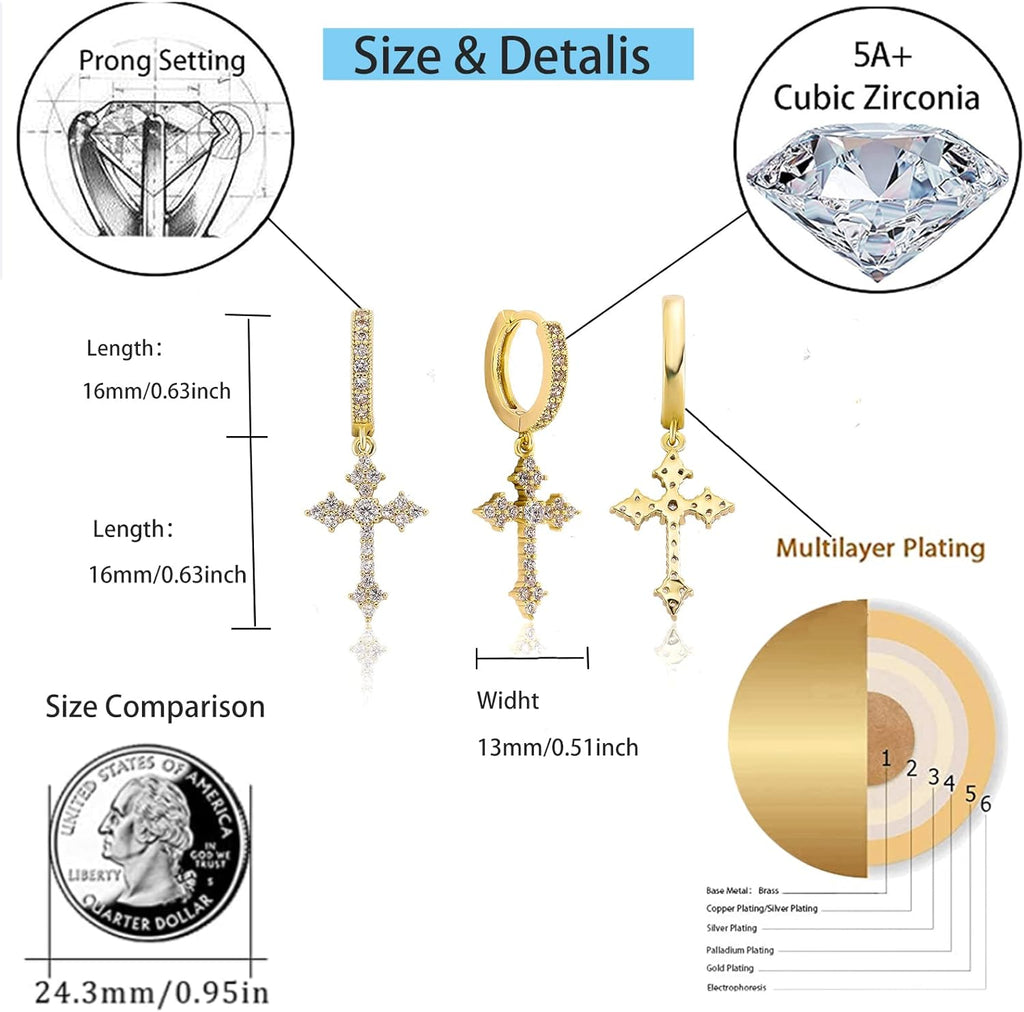 YOSZO Cross Hoop Dangle Earrings 14K Gold 5A+ Cubic Zirconia Cartilage Hypoallergenic Sterling Silver Cross Dangle Drop Earrings For Men Women