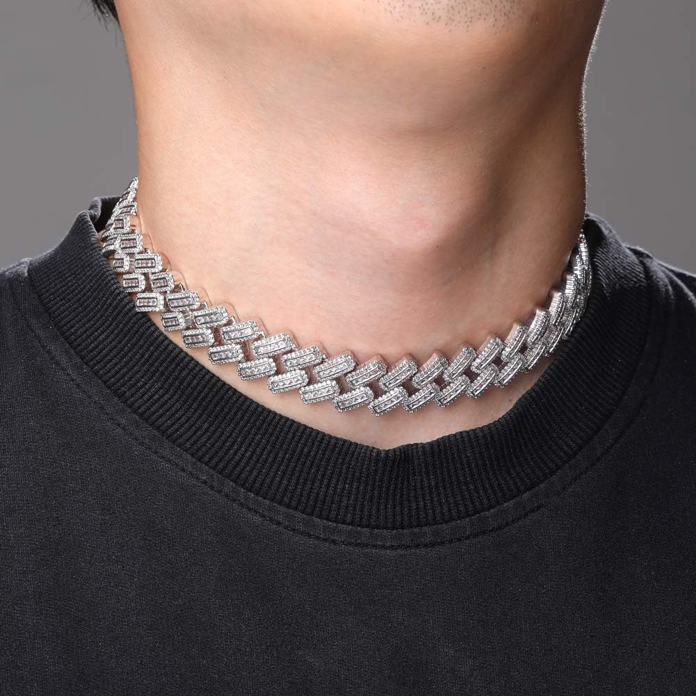 YOSZO 20MM 6 Times 14k Gold Plated Cuban Link Chain Full Iced Out Bling Round Baguette Cut Cubic Zirconia with Prong Setting Simulated Diamond Chain Choker Necklace for Men Women