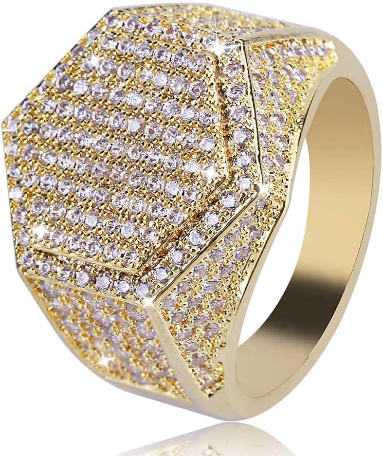 YOSZO Mens Iced Out CZ Hexagon Bling Pinky Ring 18k gold Plated Hip Hop Ring for Men