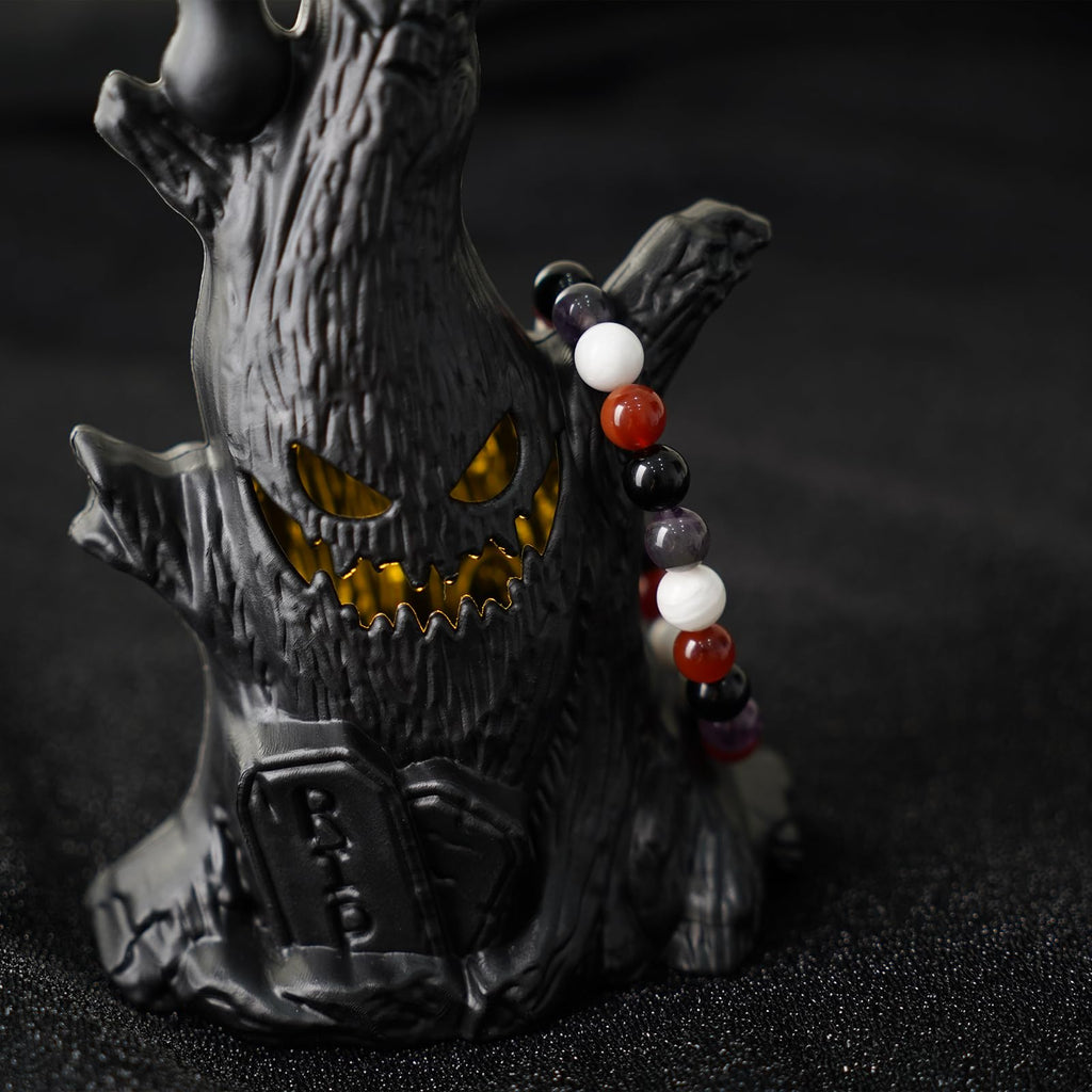 Halloween Beaded Bracelet, Natural Stone Beads in Halloween Charm, Elastic String for Easy Wear, Unisex Spooky Holiday Jewelry Gift for Adults & Kids