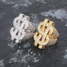 Carica l&#39;immagine nel visualizzatore di Gallery, YOSZO Hip Hop Big US Dollar Sign Rings 18K Gold Plated Iced Out Cubic Zirconia Bling Pinky Ring for Men