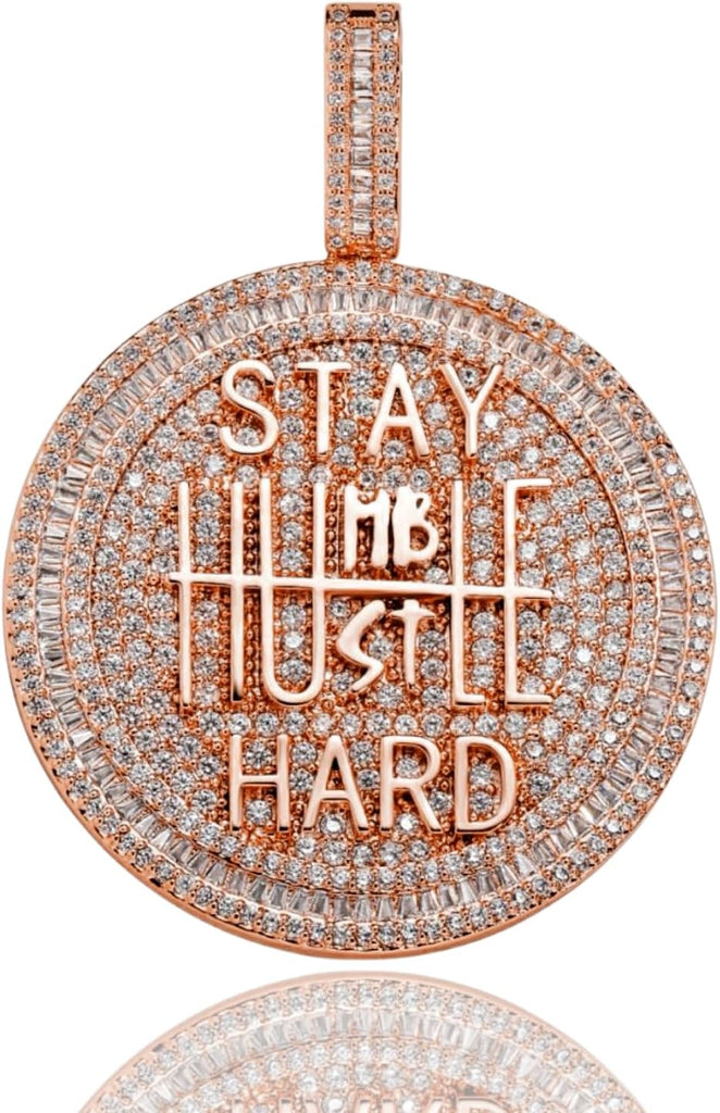 YOSZO 14K Gold Plated Stay Humble & Hustle Hard Encourage Pendant Necklace, Iced Out CZ Diamond Hip Hop Charm Jewelry for Men Women