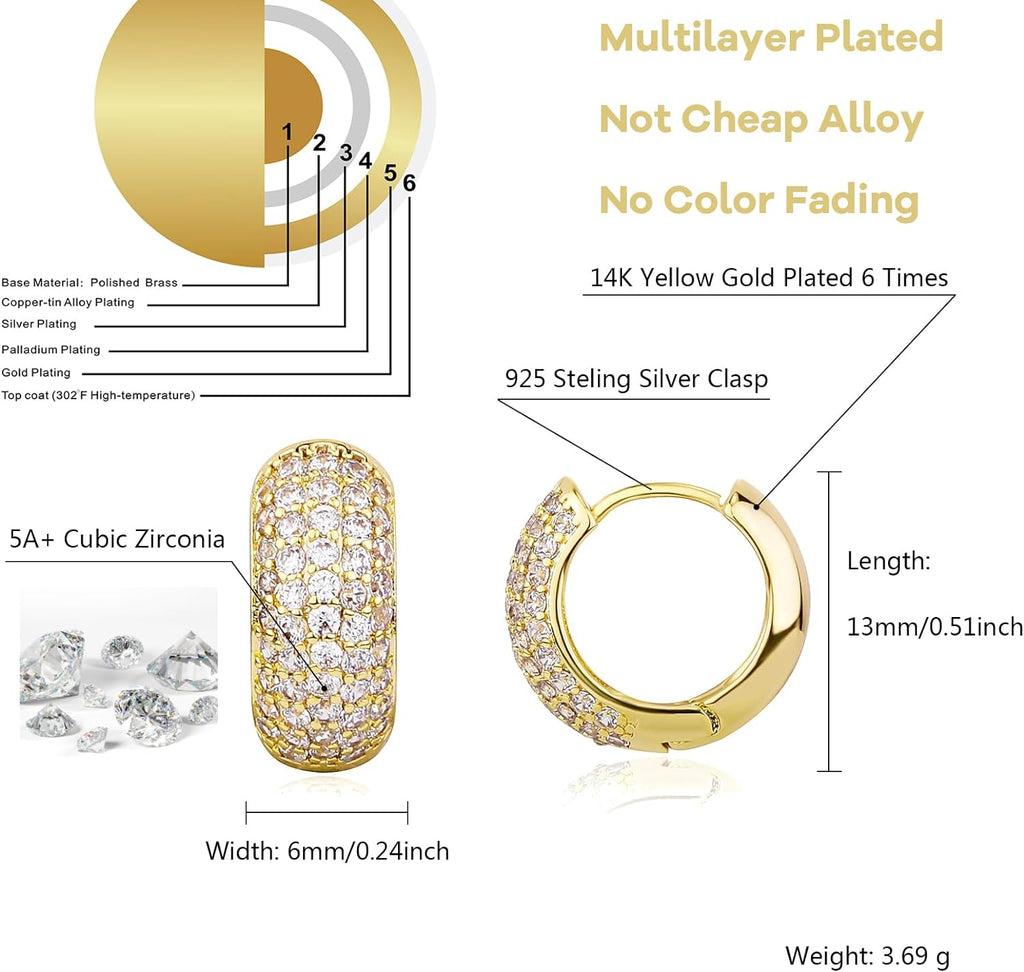 YOSZO Diamond Gold Hoop Earrings 5A+ Cubic Zirconia 14K Gold Small Chunky Thick Cartilage Hoop Huggie Earrings For Men Women