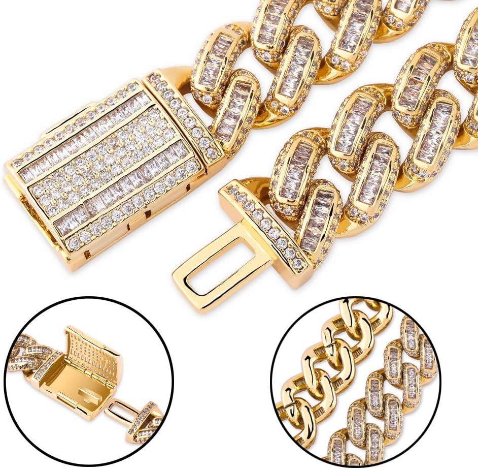 YOSZO Hip Hop 14MM Cuban Link Chain 6 Times 14k Gold Plated Iced Out Bling Round Carre Baguette Cut CZ with Prong Setting Simulated Diamond Chain Necklace for Men