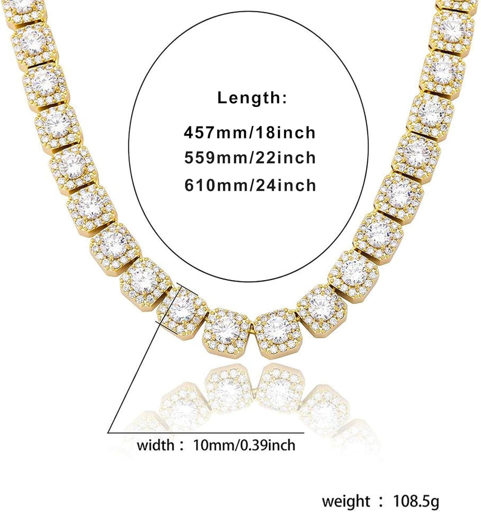 YOSZO 10MM 22/24inchTennis Chain Necklace 18k Gold Plated Iced out Jumbo Square Sparkling Cluster Cubic Zirconia Tennis Link Chains for Men Women