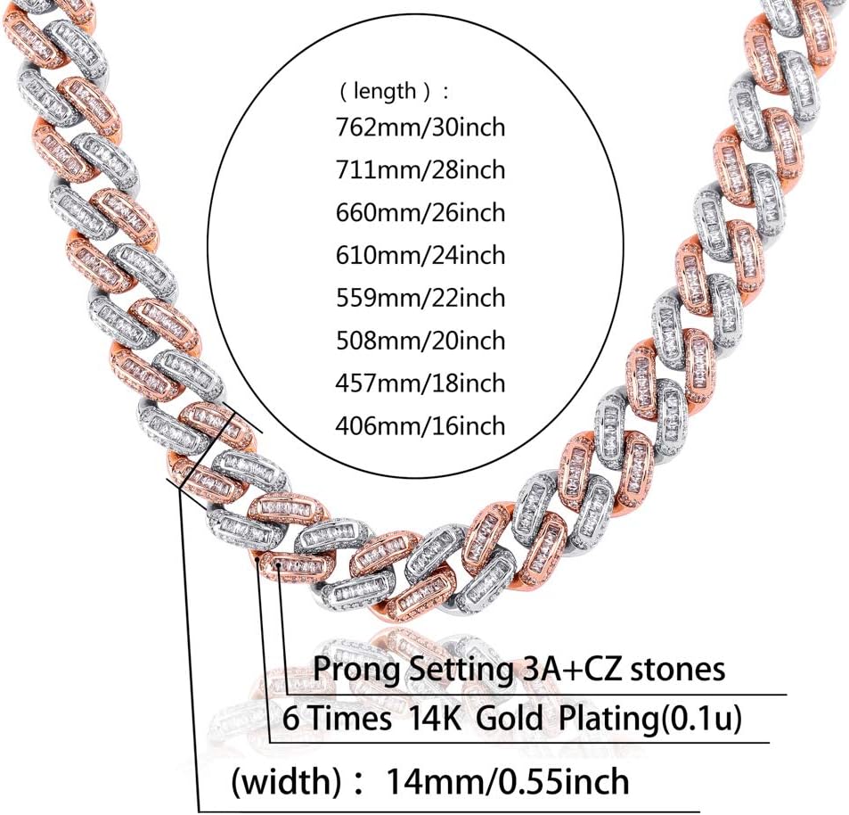 YOSZO Hip Hop 14MM Cuban Link Chain 6 Times 14k Gold Plated Iced Out Bling Round Carre Baguette Cut CZ with Prong Setting Simulated Diamond Chain Necklace for Men