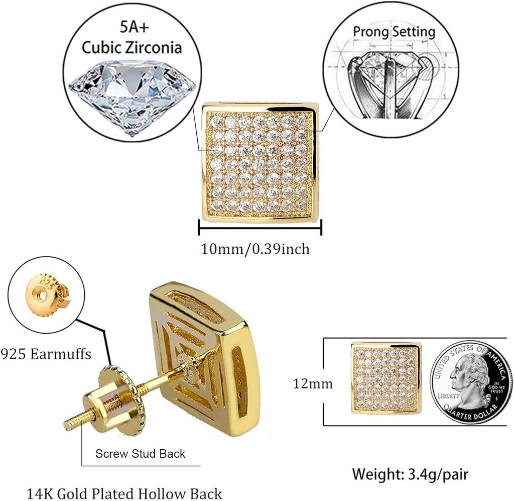 YOSZO 925 Sterling Silver Square Screw Stud Earrings 14K Gold 5A+ Cubic Zirconia Iced Out Square Screw Back Hypoallergenic Cube Large Stud Earrings For Men Women