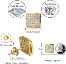 Load image into Gallery viewer, YOSZO 925 Sterling Silver Square Screw Stud Earrings 14K Gold 5A+ Cubic Zirconia Iced Out Square Screw Back Hypoallergenic Cube Large Stud Earrings For Men Women