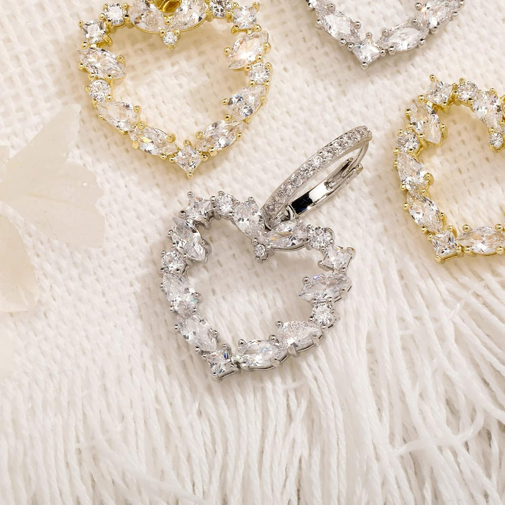 YOSZO Hollow Heart Dangle Huggie Earrings 14K Gold Plated Iced Out Princess Pear Marquise Round Lab Simulated Diamond Cubic Zirconia Dangle Drop Hoop Heart Earrings for Men Women Girls