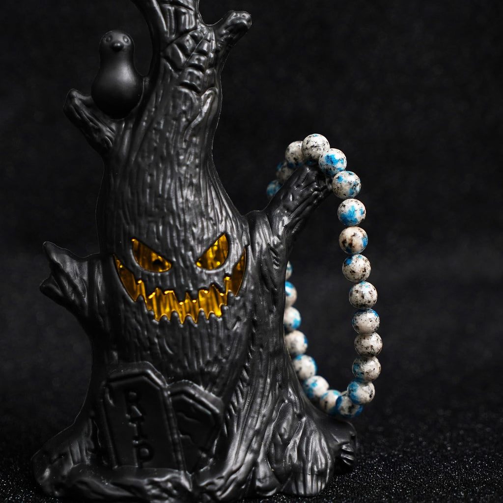 Halloween Beaded Bracelet, Natural Stone Beads in Halloween Charm, Elastic String for Easy Wear, Unisex Spooky Holiday Jewelry Gift for Adults & Kids